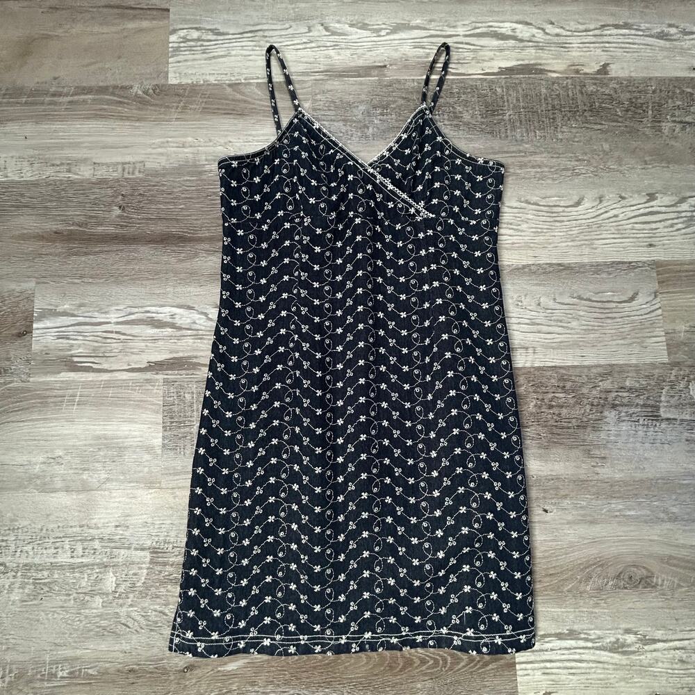 Vintage Y2K Denim Slip Dress Floral Embroidered Fairy Grunge Whimsigoth Boho M
